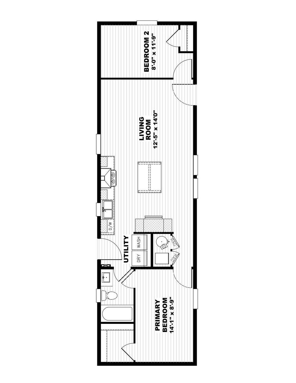 A floor plan of a house with a living room, dining room, kitchen, and two bedrooms.